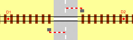 diagram showing location of detectors for a single track automatic half barrier level crossing (ahb)